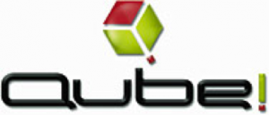 Qube! logo white background on website